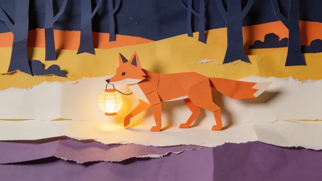 Cartoonio’s paper-cut storybook style: a fox carrying a lantern through a twilight forest.
